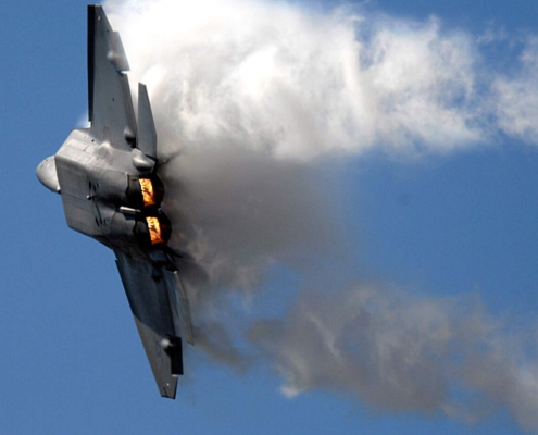 Fighter jet with afterburners on