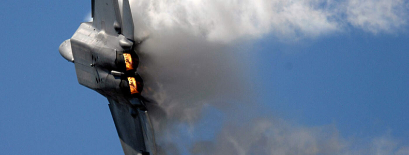 Fighter jet with afterburners on