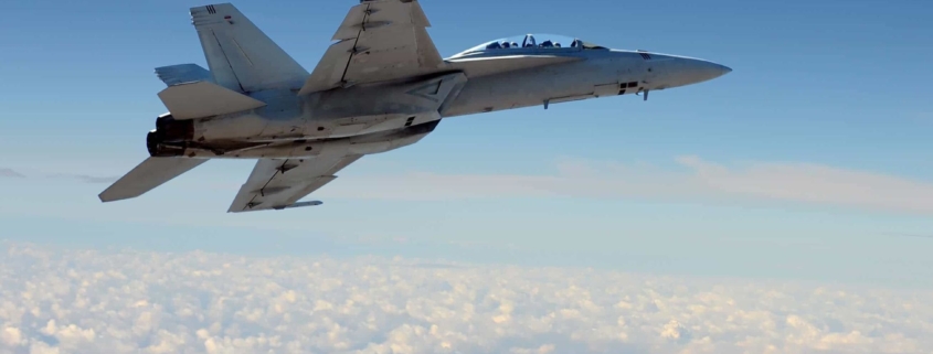 Fighter jet in partly cloudy sky