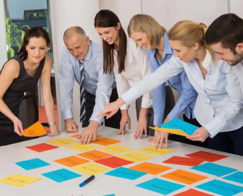 Employees working together on a strategy session