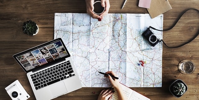 Team working on a map on desk