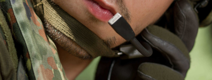 Closeup of soldier wearing head set