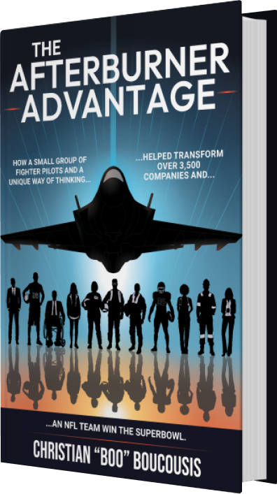 Afterburner 3d Book Cover Spotlighting The Afterburner Advantage By Christian Boo Boucousis. Illustrations Of A Fighter Jet And Diverse Silhouettes In Business Attire Emphasize The Books Transformative Success Strategies In Companies And Sports.