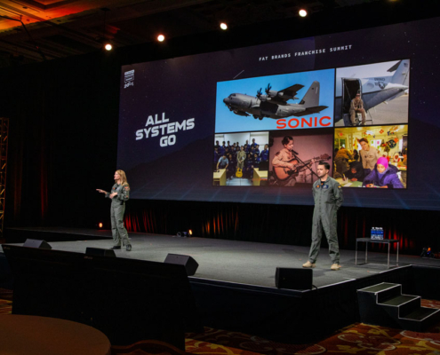 Afterburner Two Presenters In Flight Suits Take The Stage, With A Large Screen Showcasing A Military Aircraft, Musicians, And People In Costume. The Backdrop Reads All Systems Go At The Fat Brands Franchise Summit, As They Ignite The Room Like An Afterburner.