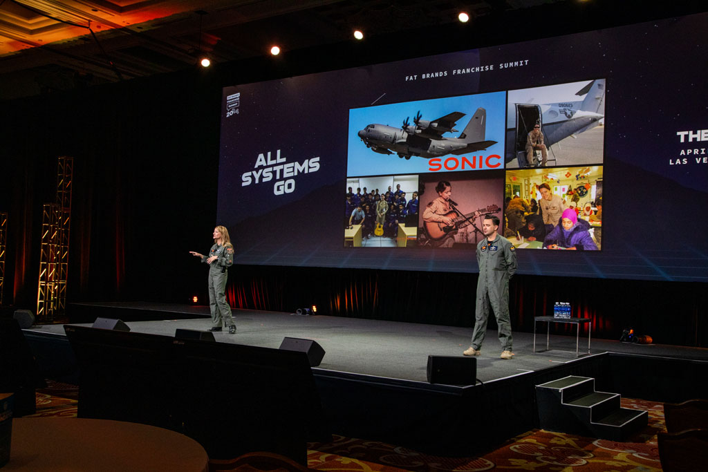 Afterburner Two Presenters In Flight Suits Take The Stage, With A Large Screen Showcasing A Military Aircraft, Musicians, And People In Costume. The Backdrop Reads All Systems Go At The Fat Brands Franchise Summit, As They Ignite The Room Like An Afterburner.
