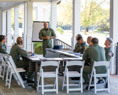 Fighter pilot team gathered around mission planning table, led by a facilitator – boosting leadership performance through high-pressure collaboration.