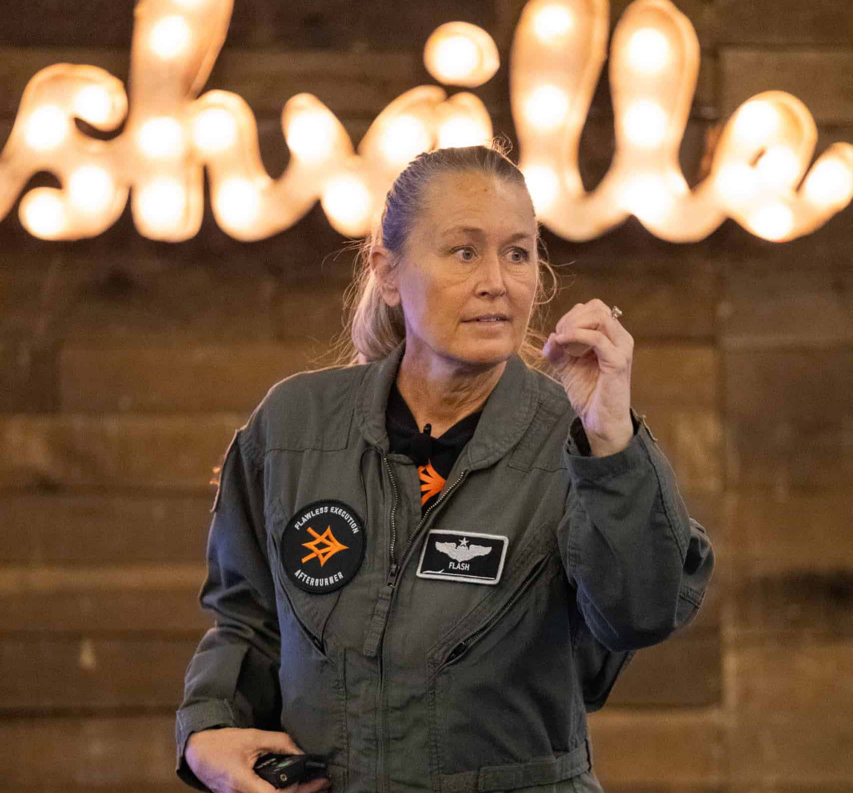 Fighter pilot, Bobbi "Flash" Doorenbos, on stage in Nashville