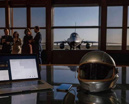Laptop and pilot helmet on a table with a business team at a Top Gun team building experience.