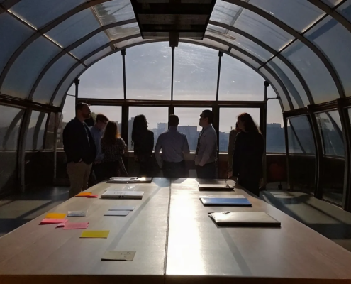 Leaders developing an actionable plan in a strategic planning and execution workshop.