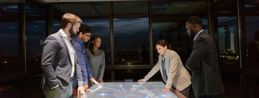 A team sees the benefits of simulation-based team building while collaborating around a digital table.
