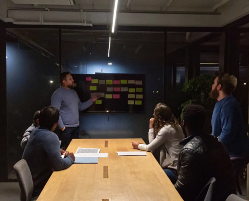 Team planning and collaborating in a cross-functional alignment workshop.
