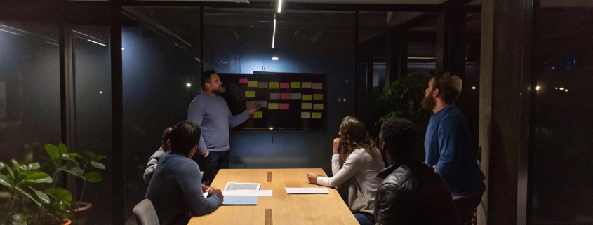 Team planning and collaborating in a cross-functional alignment workshop.