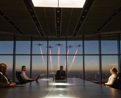A business team learns leadership lessons from fighter pilots as jets fly past the boardroom.