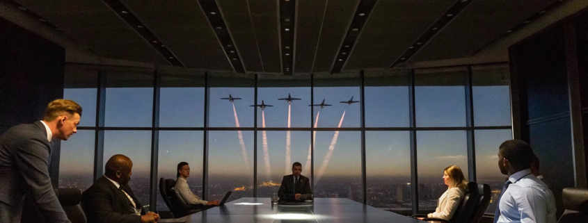 A business team learns leadership lessons from fighter pilots as jets fly past the boardroom.