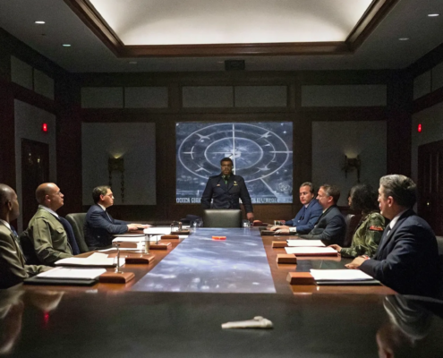 Fighter pilot briefing corporate leaders in a modern boardroom